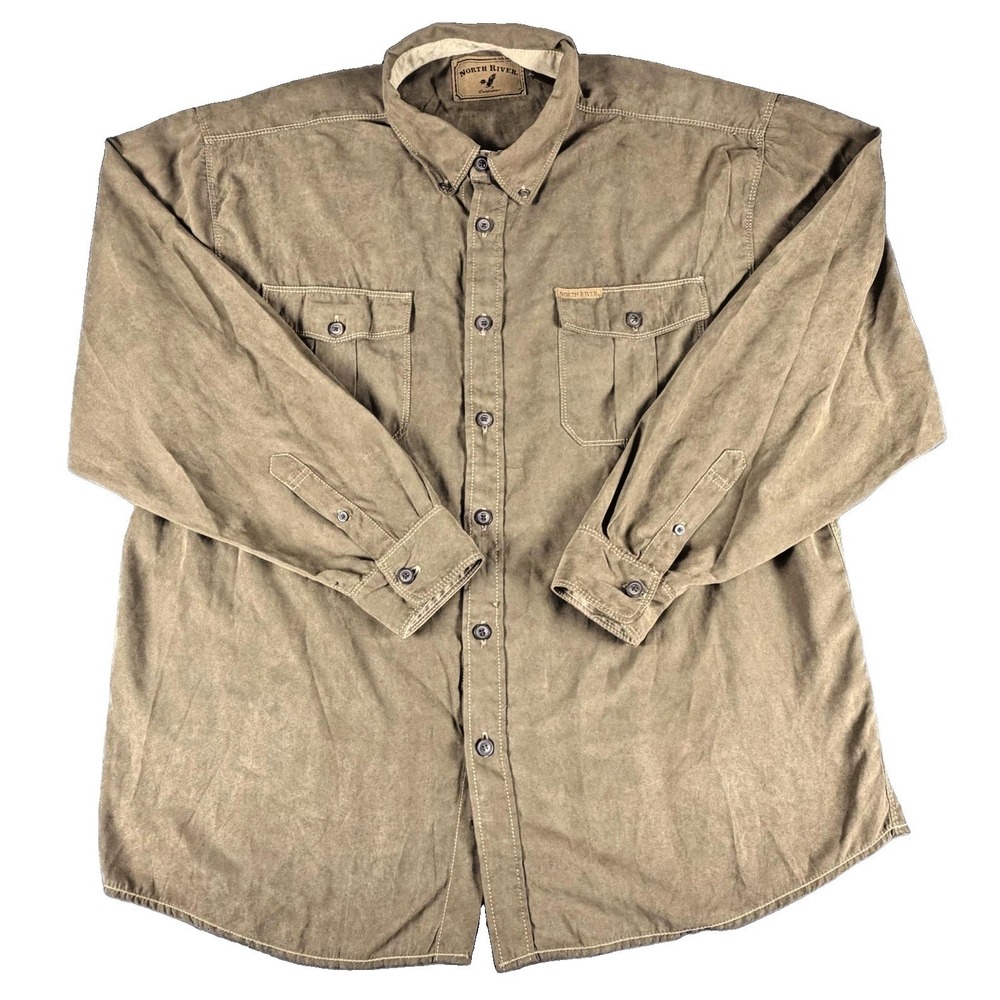 North River Shirt Mens XL Green Solid Polyester Long Sleeve Button Up Pockets